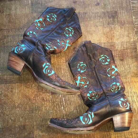Corral Womens Boots 10 M Antique Brown Turquoise Saddle Rose Cross Inlay Western - Picture 4 of 13